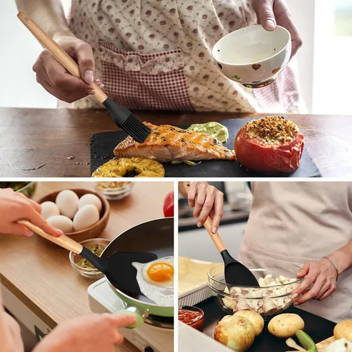 Miniatura 6 de E-far - Juego de 12 utensilios de cocina de silicona con soporte, antiadherentes y resistentes al calor, incluye espátula, pinzas, cucharón, Negro