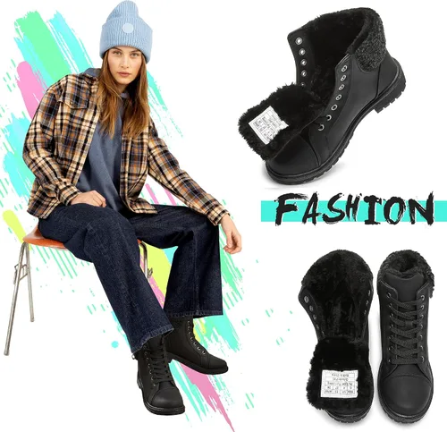 Miniatura 5 de ALTOCISWomen'sWinterBootsWater-ResistantPULeatherAnkleBootiesLaceupWinterAnkleBootWarmAnti-SlipCombat Boots