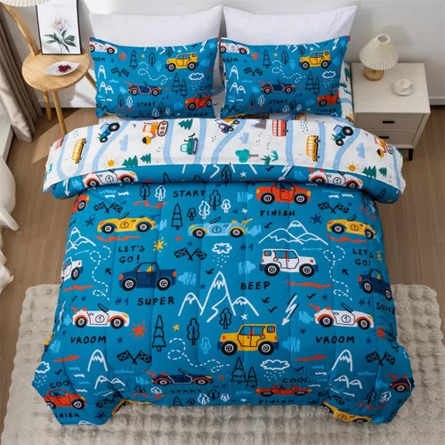 Miniatura 13 de NTBED Juego de edredón individual de 5 piezas con diseño de camión de construcción para niños varones, cama en una bolsa, vehículos excavadora, Azul