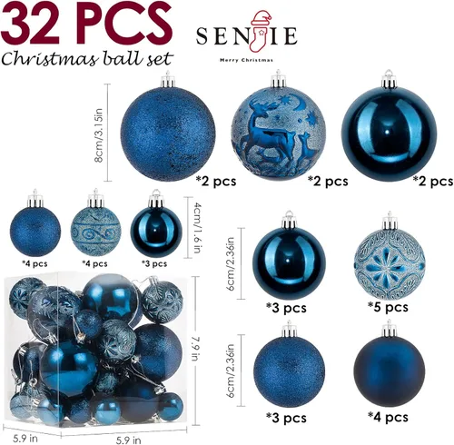 Miniatura 2 de Senjie Adornos de Navidad inastillables azul noche, juego de 32 piezas, estilo tradicional, material plástico, Navidad y ocasión de boda