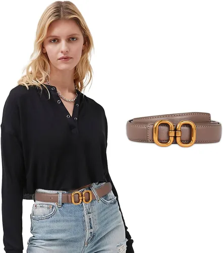 Miniatura 303 de Cinturón de cuero clásico con hebilla de metal para mujer con vestido de jeans