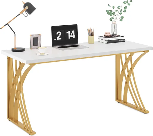 Tribesigns Escritorio grande y moderno para computadora de 55 pulgadas, color blanco y dorado, mesa de estudiante para computadora portátil, mesa de