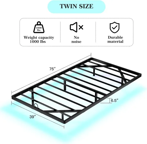 Miniatura 2 de Awesofurni Base de Cama Flotante de Tamaño Individual, Base de Cama Individual con Luces LED Inteligentes, Base de Cama Moderna de Metal Resistente