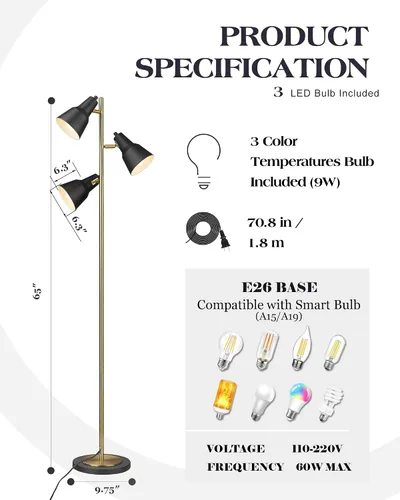 Miniatura 6 de ELYONA Lámpara de pie con árbol dorado con 3 luces giratorias ajustables, luces de pie industriales de poste alto de metal con 3 bombillas LED