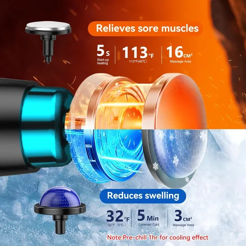 Miniatura 3 de Pistola de masaje plegable con terapia de calor y frío, masajeador de espalda y tejido profundo con 10 cabezales, 9 velocidades, masajeador