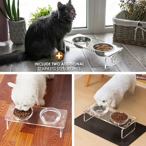 Miniatura 7 de Cuencos elevados para perros y gatos, soporte elevado de acrílico de 3.75 pulgadas con 2 cuencos de acero inoxidable y 2 cuencos de vidrio, juego