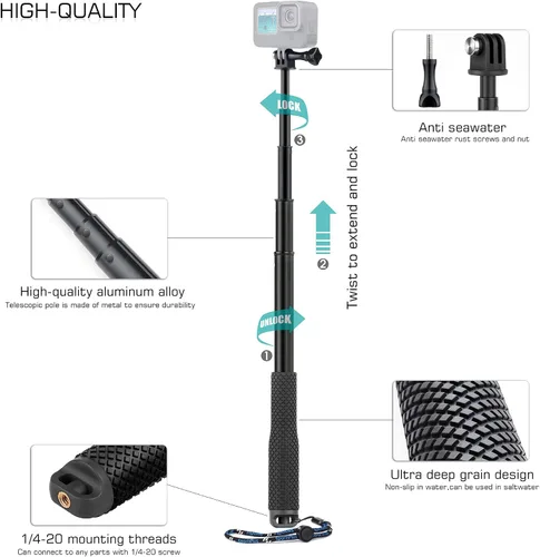 Miniatura 3 de GEPULY - Palo selfie impermeable para cámaras de acción GoPro/DJI/Insta360/AKASO 11''-46''Anti-Rust Aluminum Alloy,1/4