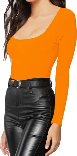Miniatura 39 de MANGDIUP Body esencial para mujer, cuello redondo, manga larga, ajustado, elástico, de algodón y elastano