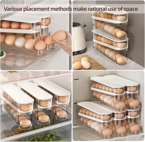 Miniatura 8 de Dispensador automático de huevos para refrigerador, organizador de huevos para refrigerador que ahorra espacio y almacenamiento con tapa, bandeja