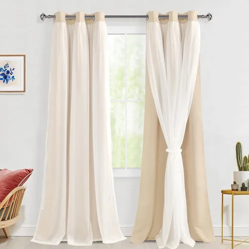 Miniatura 60 de Hiasan Cortinas opacas con superposición transparente, aislamiento térmico para mezclar y combinar de doble capa, cortinas de oscurecimiento de Beige