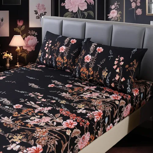 MAG Juego de sábanas florales negras de 3 piezas, juego de sábanas de microfibra con flores, sábanas bohemias individuales con 1 sábana bajera y 2