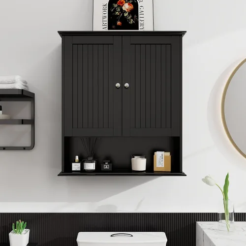 Miniatura 14 de Armario de pared de baño sobre el inodoro, armario de almacenamiento de 2 puertas montado en la pared, botiquín de madera con estantes ajustables