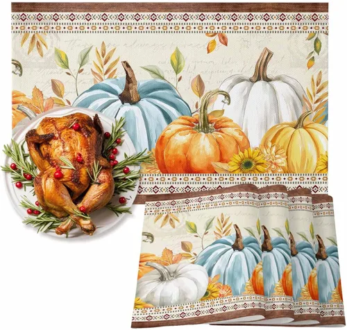 Miniatura 12 de Juego de 4 manteles individuales de otoño con diseño de calabaza azul, hojas florales, manteles individuales de otoño, lavables, cosecha, Acción
