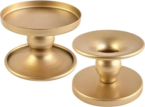 Miniatura 7 de Portavelas de mesa dorados, juego de 2, soporte reversible de metal para velas de pilar y velas cónicas, elegante bandeja para velas de mesa
