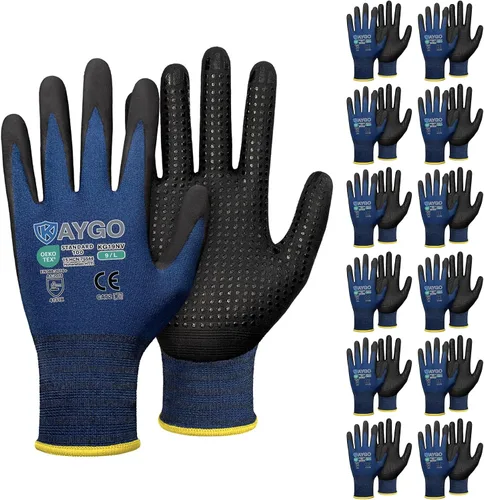 Miniatura 8 de KAYGO MicroFoam - Guantes de trabajo con revestimiento de nitrilo, 12 pares KG19N de nailon de punto sin costuras, micropuntos para un mejor agarre