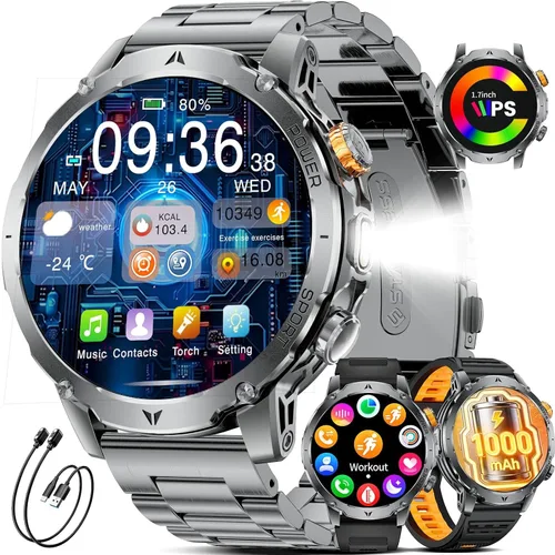 LIGE Relojes inteligentes militares para hombres (3 bandas), batería de 1000 mAh, reloj inteligente de pantalla grande HD de 1.7 pulgadas,