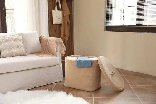 Miniatura 5 de Canasta de almacenamiento rectangular extragrande de 22"x14"x18" con tapa, gran canasta de cuerda de algodón, canasta de lavandería tejida