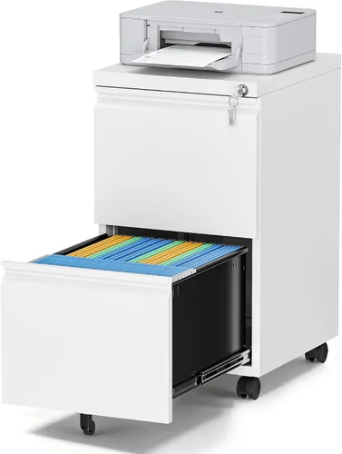 Miniatura 19 de Archivador de metal con 2 cajones con cerradura, gabinete archivador con soporte para impresora móvil y estantes para archivos de tamaño Negro