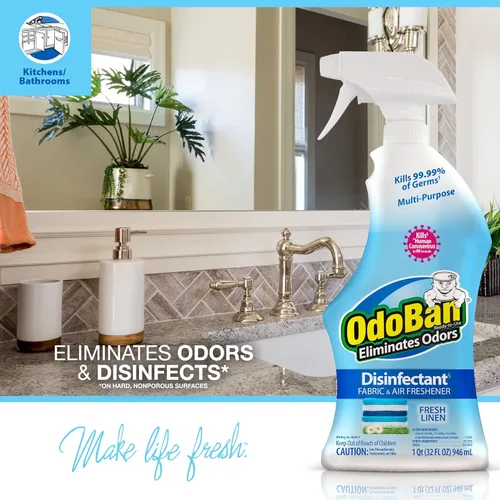 Miniatura 6 de OdoBan Desinfectante y eliminador de olores listo para usar, fabricado en los Estados Unidos, aroma de lino fresco, juego de 2, spray de 32 onzas