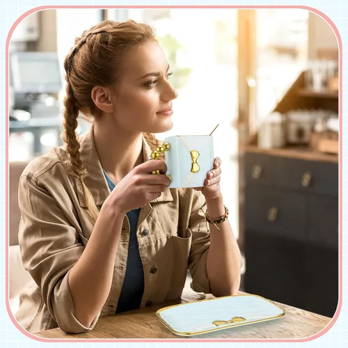 Miniatura 6 de Sliner 4 juegos de taza de café con forma de bolso de mano, taza de té de cerámica con platillo y cuchara 10 Oz/ 310 ml, taza de regalo de bolso