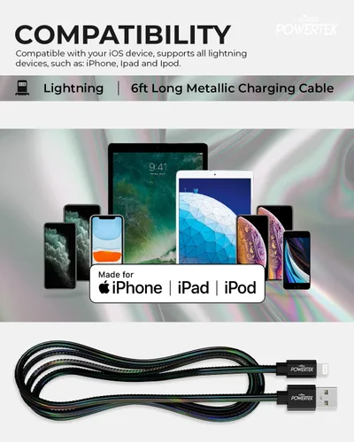 Miniatura 5 de LIQUIPEL Powertek - Cable de carga para iPhone, adaptador de cable Lightning a USB de carga rápida de 6 pies, compatible con iPad, certificado MFI