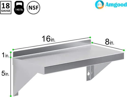 Miniatura 3 de AmGood 08 pulgadas de ancho x 16 pulgadas de largo Estante de pared de acero inoxidable Borde cuadrado Estantería de metal Resistente