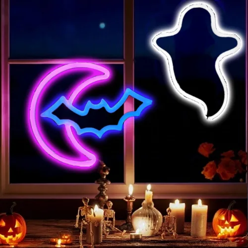 Miniatura 16 de Letreros de neón de murciélago para dormitorio, mesita de noche, decoración de pared, decoración de Halloween, luces LED de noche, adornos de mesa
