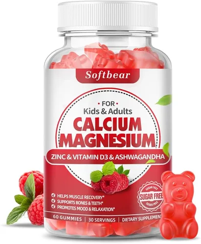 softbear Gomitas de calcio y magnesio y zinc para mujeres, suplemento de calcio y magnesio con vitamina D3 para fortalecer los huesos, veganas/sin