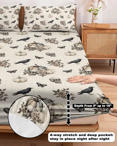 Miniatura 5 de Sábanas bajeras de bolsillo profundo de hasta 16 pulgadas, funda de colchón suave de Halloween con 1 funda de almohada decorativa para dormitorio