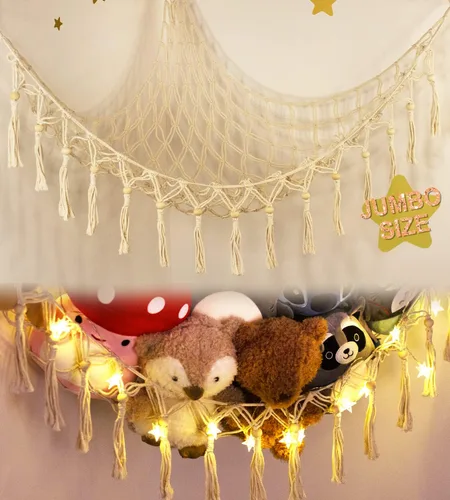 Miniatura 12 de Hamaca de almacenamiento para juguetes de animales de peluche con luz LED - Organizador de habitación jumbo de macramé para muñecas, decoración