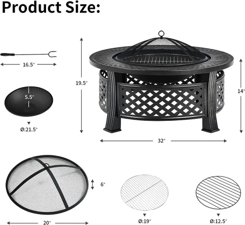 Miniatura 6 de Giantex Pozo de fuego 3 en 1, hoguera de leña al aire libre de 32 pulgadas, estufa redonda multifuncional, cuenco de metal con tapa, hoguera