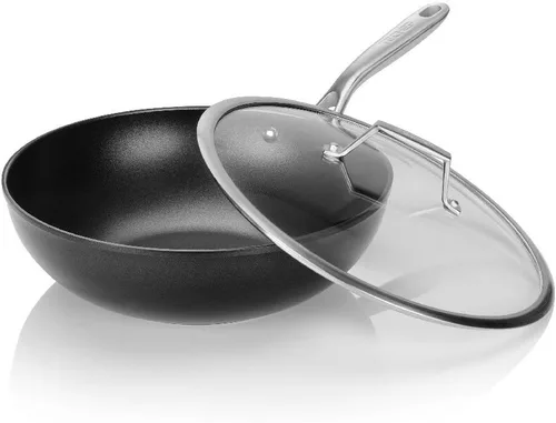 TECHEF - Colección Onyx, sartén antiadherente de fondo plano de 12 pulgadas con tapa de vidrio, sin PFOA, apto para lavavajillas y horno, fabricado