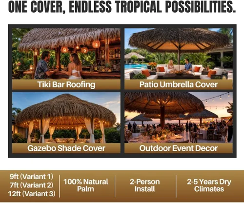 Miniatura 7 de Paja mexicana de paja – Sombrilla Tiki de 12 pies para sombra al aire libre, patio, barras Tiki – Cubierta de césped natural ecológica, fácil