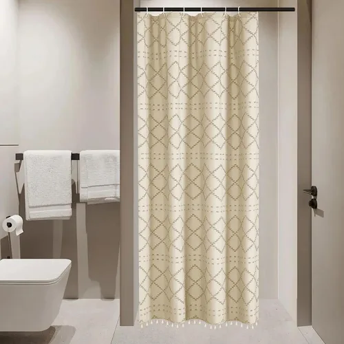 Miniatura 45 de Siiluminisoy Cortina de ducha bohemia rosa con textura y borlas de 72 x 72 pulgadas con tul, cortina de ducha de chenilla tejida con rayas chevrón