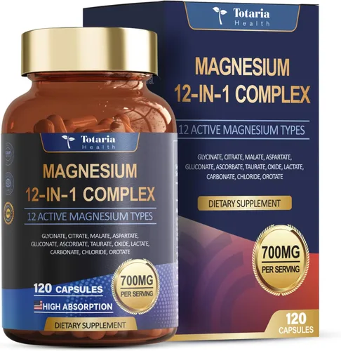 Totaria Complejo de magnesio 700 mg 12 en 1 Suplemento de magnesio con citrato de glicinato óxido de malato taurato aspartato orotato relajación de