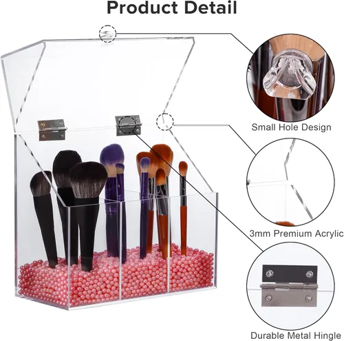 Miniatura 4 de LOHRYVIO Soporte acrílico para brochas de maquillaje con tapa abatible inclinada, organizador de brochas de maquillaje transparente a prueba