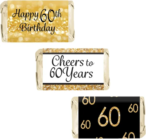 Pegatinas de barra de caramelo en miniatura para fiesta de cumpleaños número 60, color negro y dorado, decoraciones de cumpleaños 60, 42 unidades