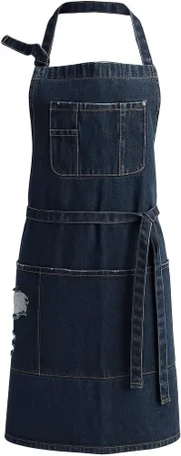 Denim Apron With 5 Pockets for Kitchens,Hairstylist Aprons for Women Men,Adjustable Bib Jean Apron for Arts Cafe Work Azul oscuro
