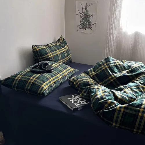 Miniatura 6 de MKXI Juego de funda de edredón a cuadros de tamaño individual, color verde bosque y amarillo mostaza, ropa de cama de 3 piezas de algodón lavado