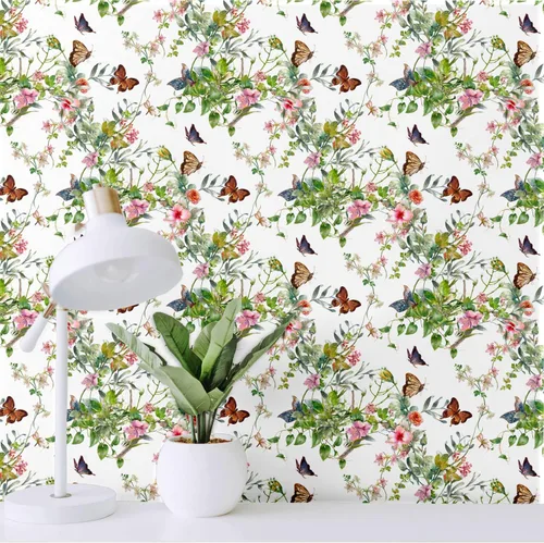 Miniatura 2 de Blooming Wall DPYA24 - Papel tapiz removible con diseño de arbustos de flores silvestres de primavera con mariposa alrededor de despegar y pegar