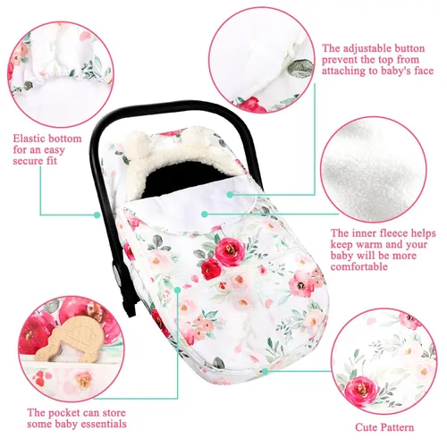 Miniatura 2 de Fundas de asientos de automóvil para bebés de invierno, funda de asiento de automóvil con flores para niñas, funda acogedora y cálida