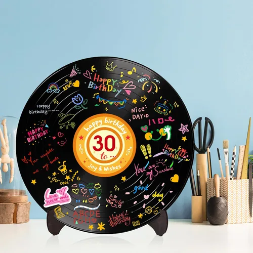 Miniatura 6 de Holkcog Disco de vinilo para decoración de cumpleaños, letrero de arte de graffiti con soporte, libro de invitados de feliz cumpleaños para hombres