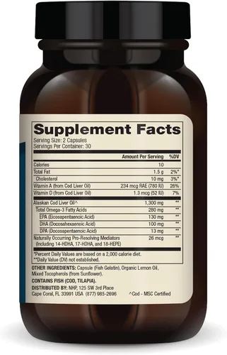 Miniatura 3 de Dr. Mercola Aceite de hígado de bacalao, 1,300 mg por porción, 30 porciones (60 cápsulas), suplemento dietético, apoya la salud cerebral, ósea