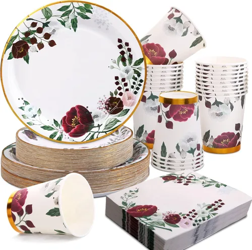 200 platos de papel floral y servilletas para fiestas, decoraciones de despedida de soltera sirven 50, borgoña para bodas, cumpleaños, día de San