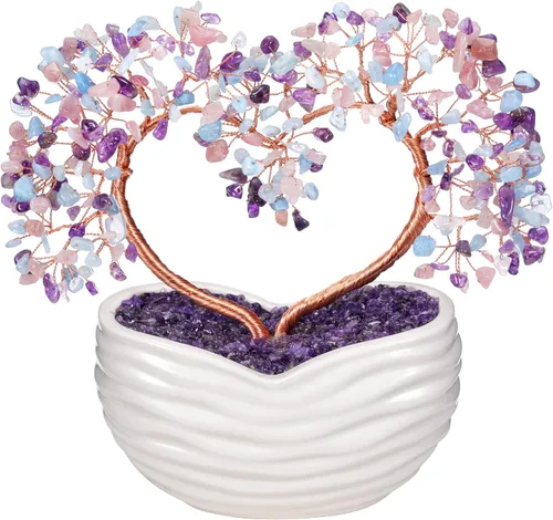GEHECRST Árbol de corazón de cristal curativo hecho a mano, amatista, cuarzo rosa, aguamarina, piedra preciosa de cristal, árbol del dinero, adorno