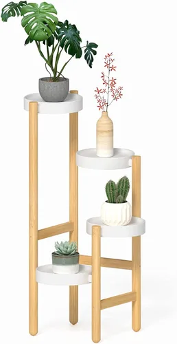 Miniatura 10 de Estantería de bambú Wisuce para interiores, mesa de 2 niveles de altura para ventana, soporte para múltiples plantas..