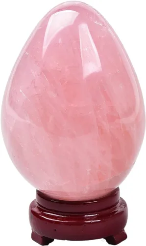 AMOYSTONE Huevo de cristal de cuarzo rosa natural grande para curación y práctica de reiki, piedra de decoración del hogar con base, 3-3.5 pulgadas,