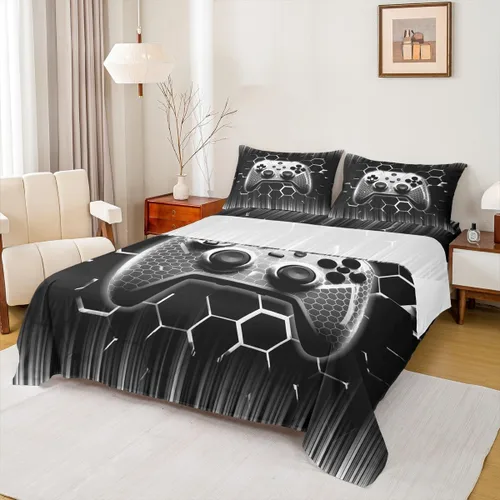 Miniatura 34 de Manfei Honeycomb - Juego de sábanas con diseño de mando de videojuegos tamaño Twin, juego de ropa de cama geométrica azul con controlador