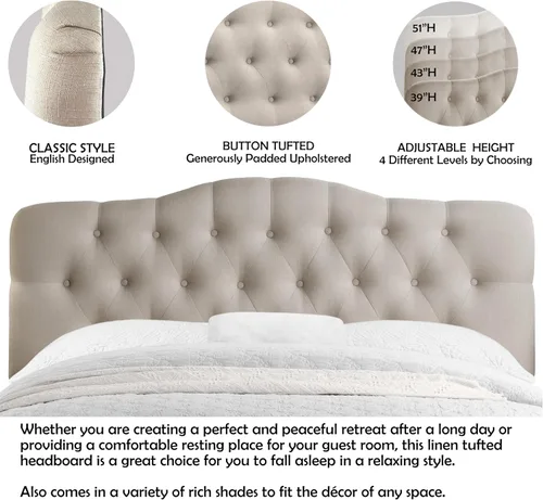Miniatura 2 de Rosevera Givanna - Cabecero de altura ajustable con tapicería de lino y capitoné de botones para dormitorio, King, color beige clásico