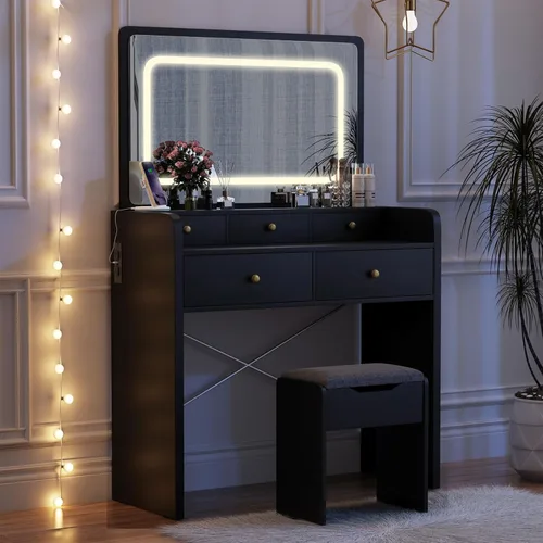 Miniatura 7 de Escritorio de tocador con espejo y luces, mesa de tocador de maquillaje con 5 cajones, taburete de almacenamiento, espejo grande para dormitorio